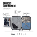 Black cabin trolley open with divided interior, mesh pocket, and elastic tie straps