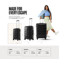 Black cabin trolley with telescopic handle and eight spinner wheels shown with size chart