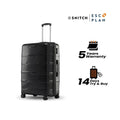 Black medium check-in trolley with telescopic handle, front panels, and 8 wheels