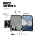 Open polypropylene trolley luggage set showing interior compartments, shoe bag, and utility pockets