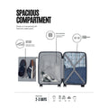 Cabin trolley with navy blue shell opened to show large interior packing space