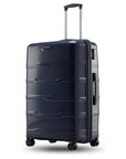 Dark blue large check-in trolley with textured shell, retractable handle, eight wheels