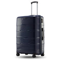Dark blue large check-in trolley with textured shell, retractable handle, eight wheels
