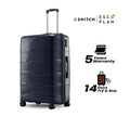 Large check-in trolley with telescopic handle, navy shell and 8 small wheels.