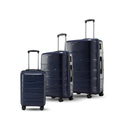 Polypropylene trolley luggage set of 3 in navy with telescopic handles and eight spinner wheels
