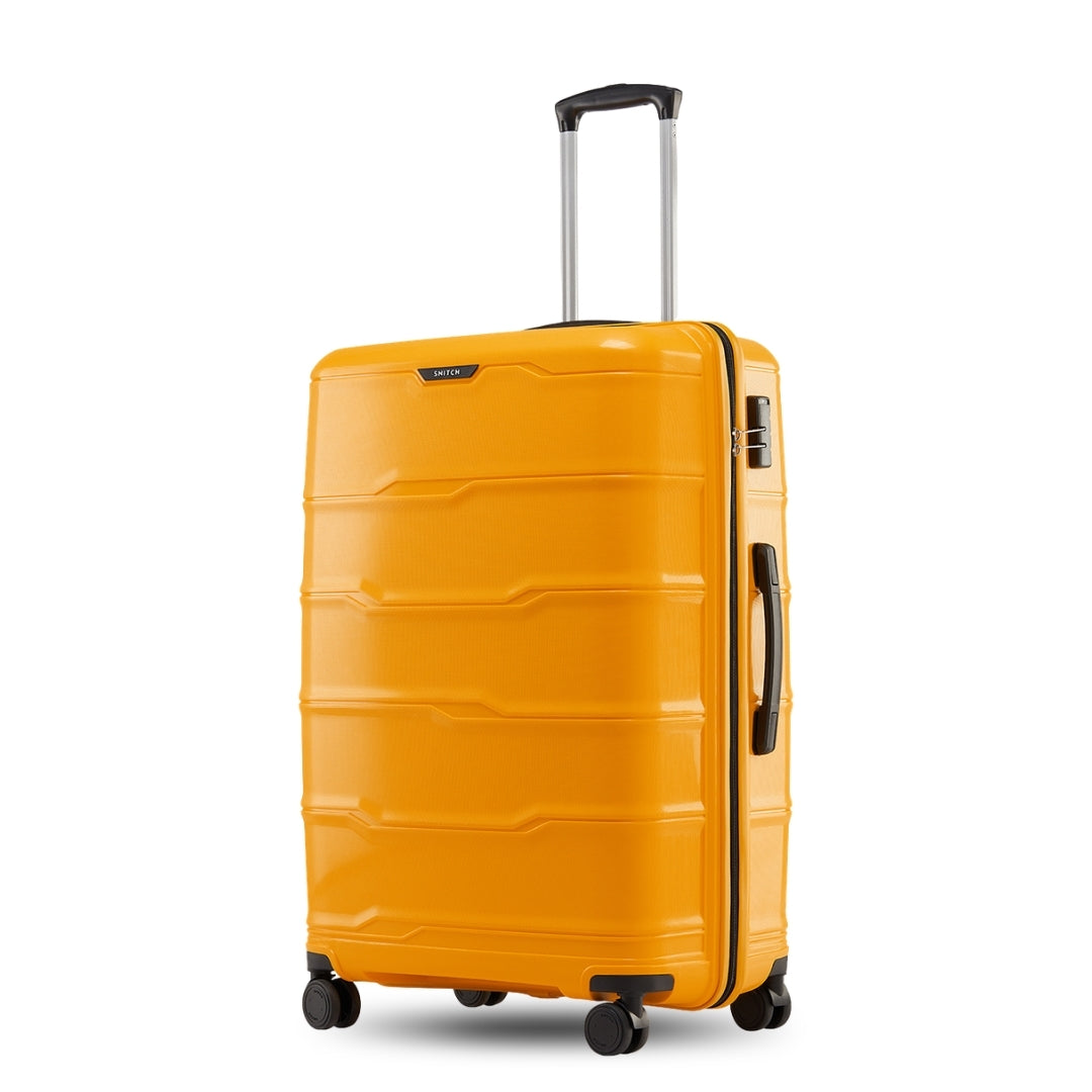 Large yellow check-in trolley with telescopic handle and corner wheels, ridged shell