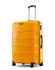 Large yellow check-in trolley with telescopic handle and corner wheels, ridged shell