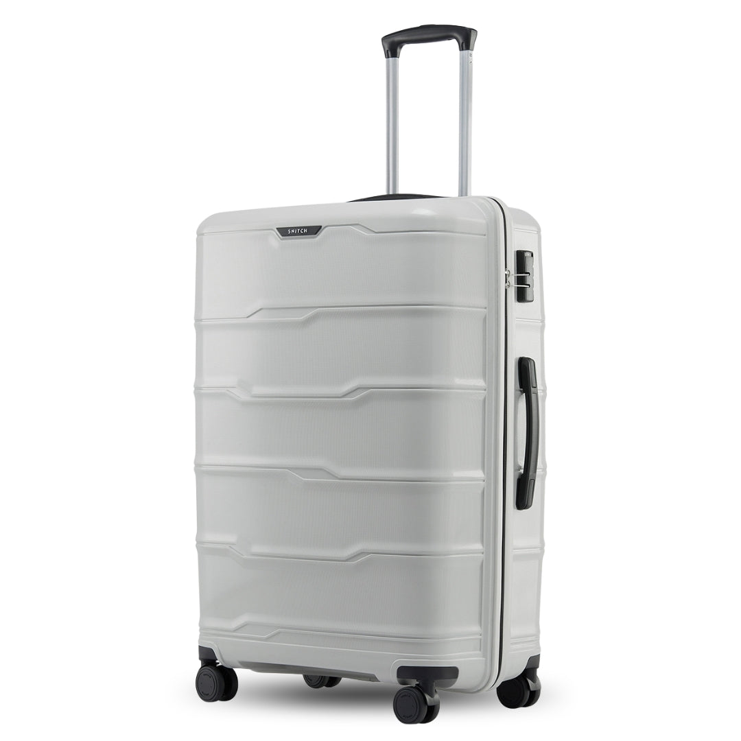 Large check-in trolley with telescopic handle, light grey polypropylene shell and wheels.