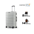 Large light grey suitcase on wheels with telescopic handle, front view on white background