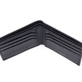 Black leather bifold wallet interior view showing card slots and lining