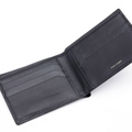 Black bi-fold leather wallet exterior with stitched card compartments and brand mark.