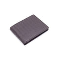 Brown bi-fold leather wallet with embossed monogram texture on front