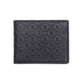 Leather bi-fold wallet with embossed monogram pattern, black exterior.