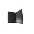 Black leather card holder open, showing card slots and interior pockets