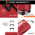 Red hard-shell luggage with 8 wheels, telescopic handle, and protective shell