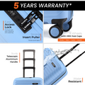 Light blue small cabin suitcase with 8-wheel base and sturdy black handle