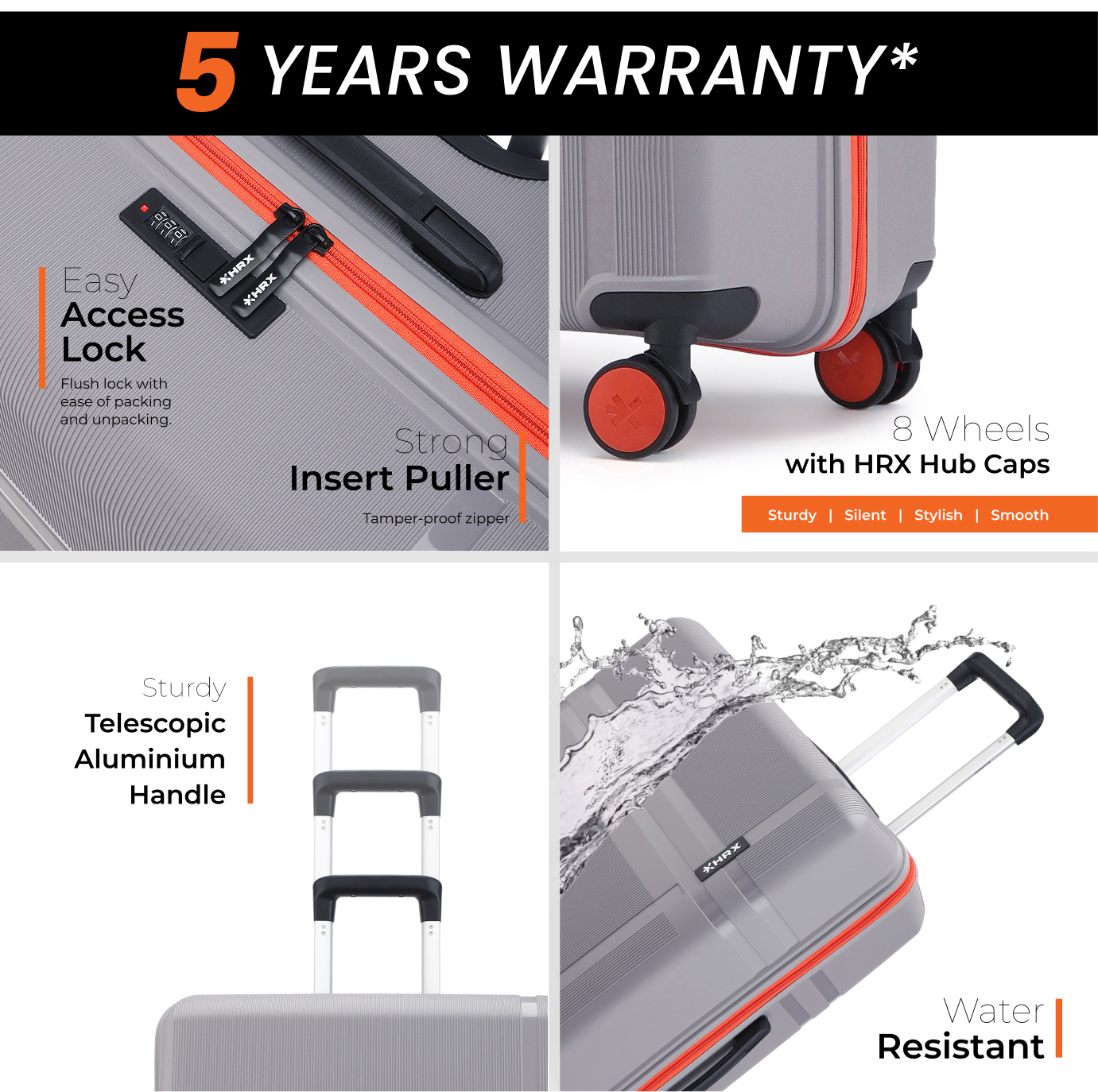 HRX by Hrithik Roshan Hard Body Set of 3 Luggage 8 Wheels - Helium