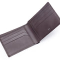 Brown leather bi-fold wallet open, showing card slots and stitched interior panel.