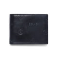 Black leather bi-fold wallet front view with embossed logo and patterned accents