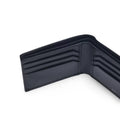 Black leather bi-fold wallet interior with stacked card slots and stitched seams.