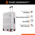Large check-in suitcase in white with telescopic handle and spinner wheels.