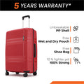 Large check-in suitcase in red with telescopic handle and spinner wheels.