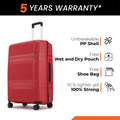 Red hard-shell luggage with telescopic handle and 8 spinner wheels.