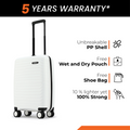 White cabin suitcase with upright handle, accessory area on front, 4-wheel base
