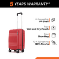 Red cabin suitcase with telescopic handle and eight spinner wheels