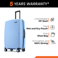 Blue hard-shell upright suitcase with telescopic handle and spinner wheels