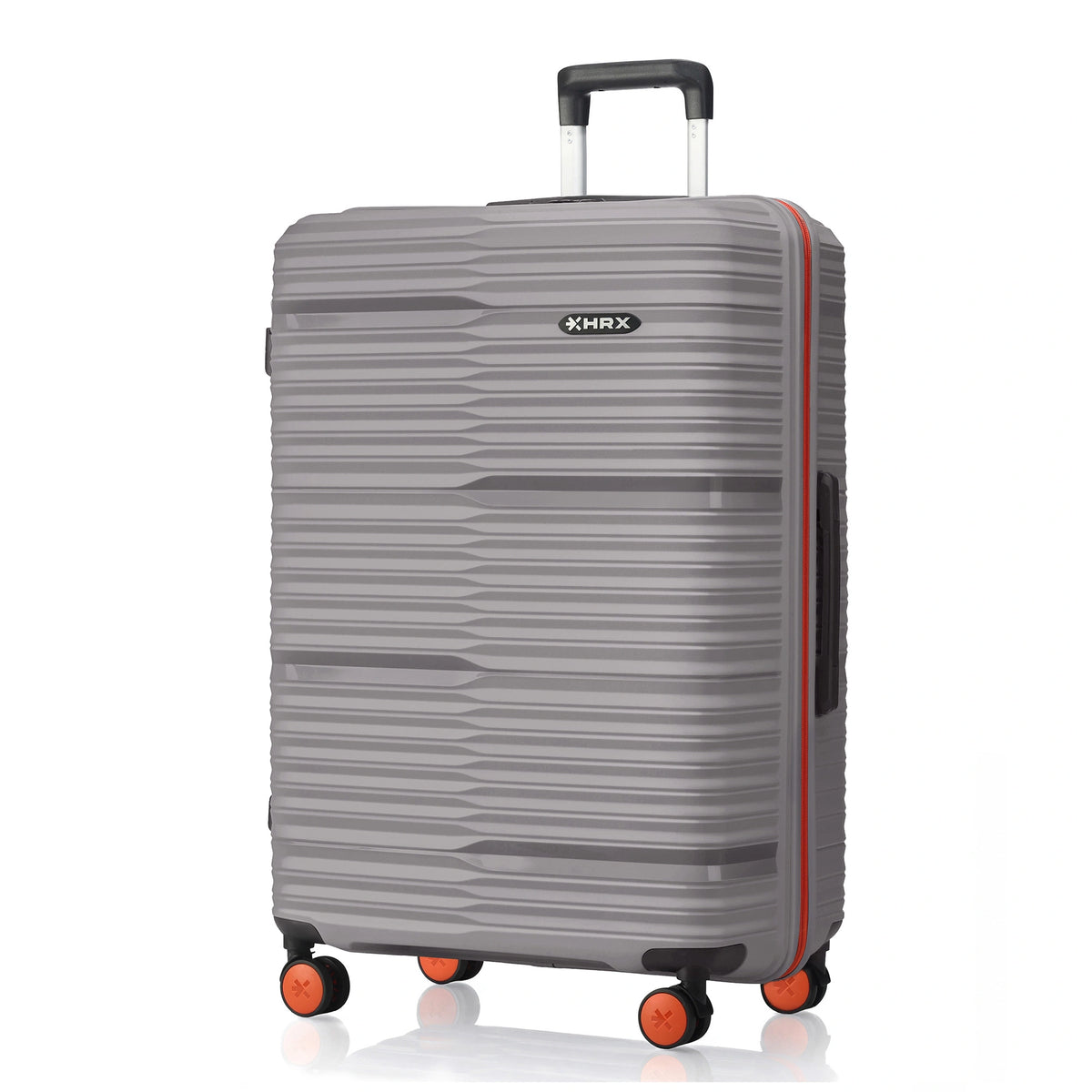Large check-in suitcase, grey polypropylene shell with telescopic handle and 8 wheels