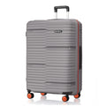 Large check-in suitcase, grey polypropylene shell with telescopic handle and 8 wheels