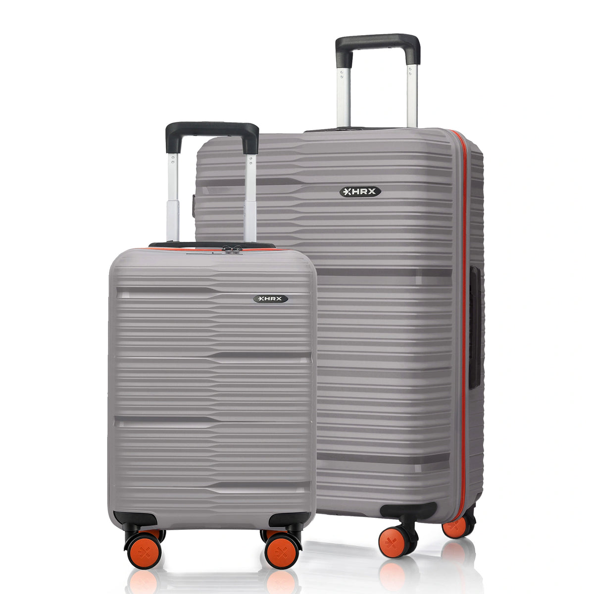 Grey two-piece hard-shell luggage set with orange wheels and telescopic handles
