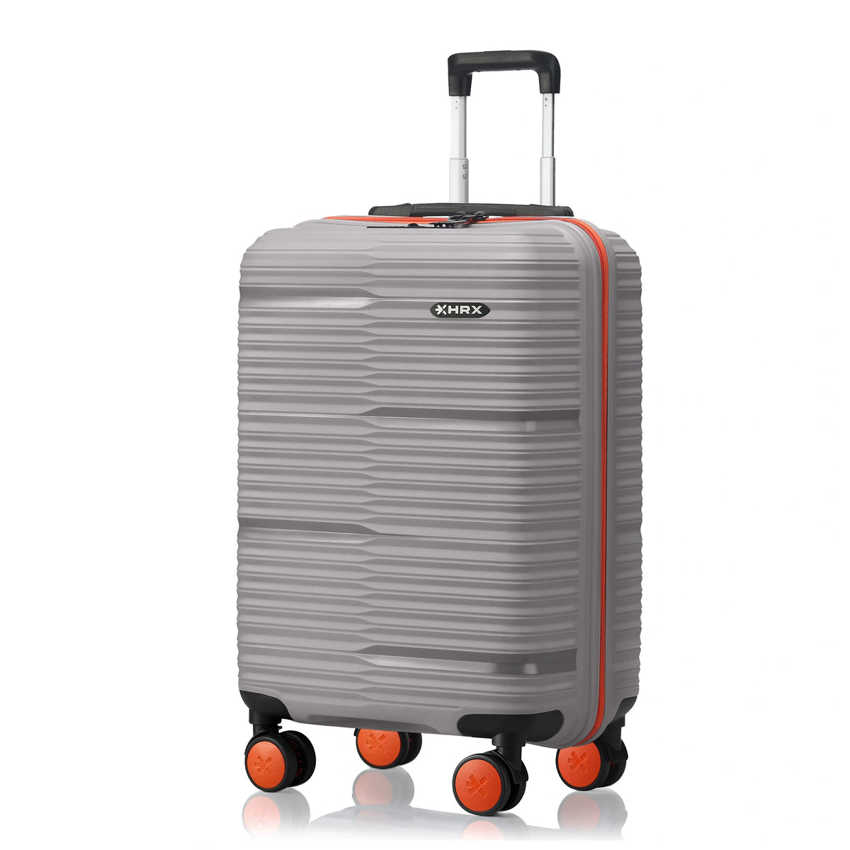 Gray small cabin suitcase with telescopic handle and 8 spinner wheels, orange accents