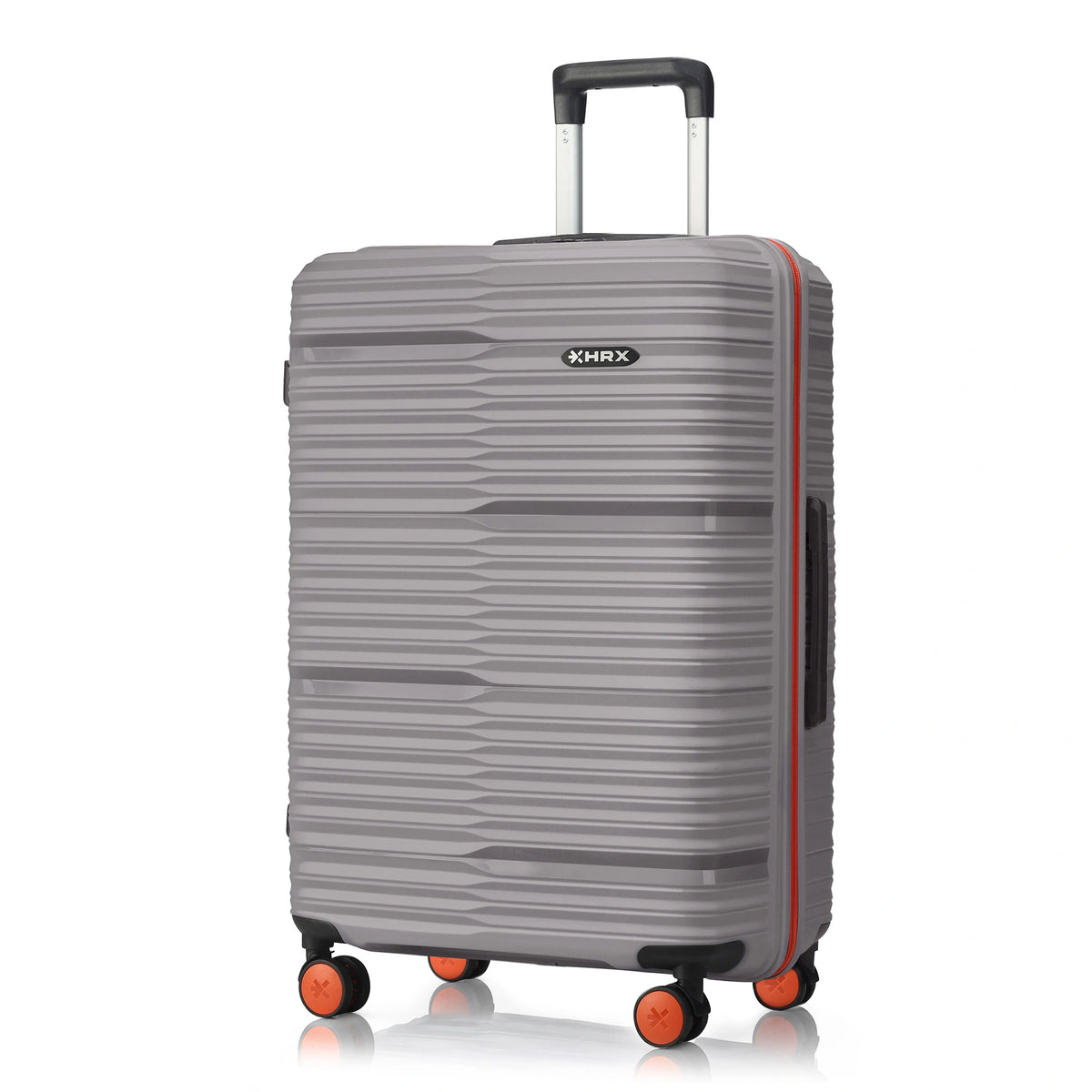 Grey hard-shell check-in suitcase with extendable handle and four orange wheels