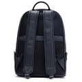 Black leather backpack with two shoulder straps, back padding, and front zip compartment