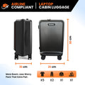 Black cabin trolley with laptop compartment, front and side views, spinner wheels