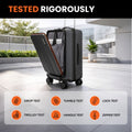 Black hard-shell trolley suitcase with laptop compartment and four spinner wheels