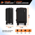 Black cabin trolley suitcase with front laptop compartment and four spinner wheels