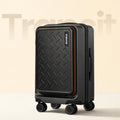 Black hard-shell trolley suitcase with laptop compartment, textured front panel, side handle