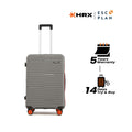 Grey medium check-in suitcase with upright handle and four spinner wheels, front view