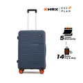 Blue medium check-in suitcase with ridged hardshell and four spinner wheels, front view