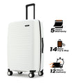 White hardshell check-in suitcase front view with telescopic handle and spinner wheels