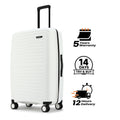 White hardshell check-in suitcase with telescopic handle and four spinner wheels