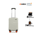 Small cabin suitcase in light gray with telescopic handle and 8 wheels, upright front view.