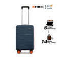Small cabin suitcase in dark blue with telescopic handle and 8 wheels, upright front view.