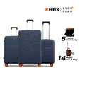 Blue hard-shell luggage set of 3 with upright handles and 8 spinner wheels.