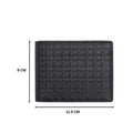 Black leather bi-fold wallet front view with embossed monogram pattern.