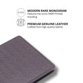 Close-up of a leather bi-fold wallet corner with embossed monogram texture.