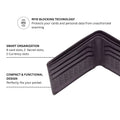 Black leather bi-fold wallet open view showing card slots and interior panels.
